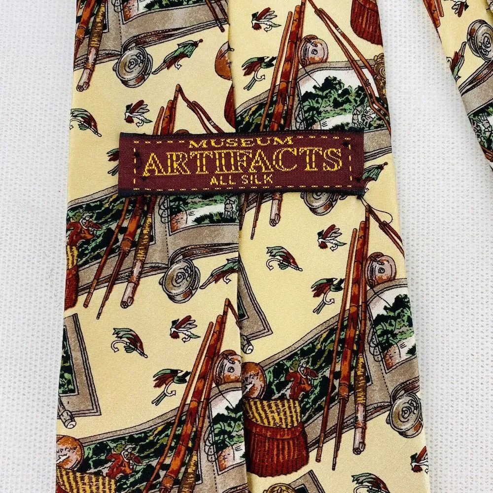 Museum Artifacts Fly Fishing Tie 100% Silk‎ Necktie Basket Rod Reel Lures